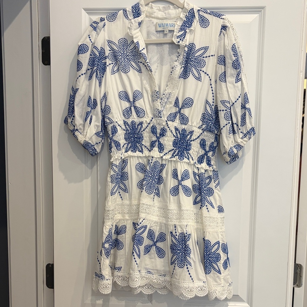 Waimari White Dress with Blue Floral Embroidery